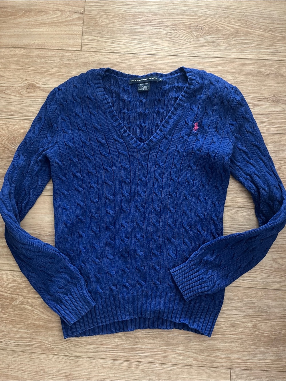 Vintage Ralph Lauren Sport cobalt blue cotton v neck cable knit sweater